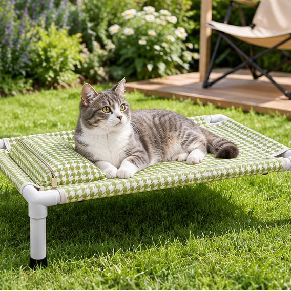 Green Houndstooth Elevated Pet Cot