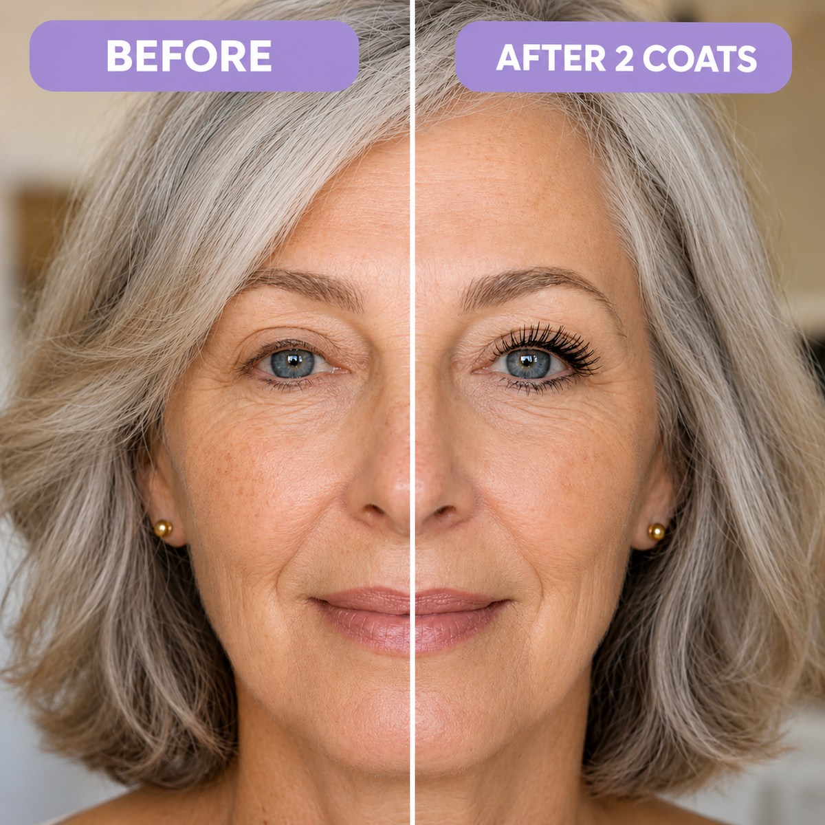 Before and after mascara on mature lashes