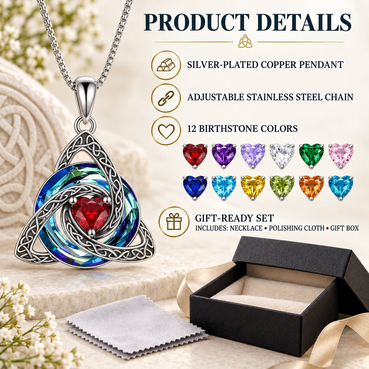 Celtic birthstone necklace gift package